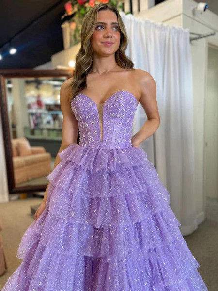 Purple Tulle Beading Sweetheart Layers Prom Dress