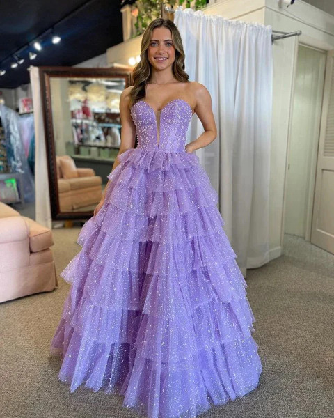 Shop 2024 ANNAKOO Purple Tulle Beading Sweetheart Layers Prom Dress Under 197