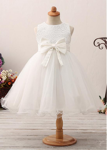  A-line Satin & Lace Jewel Flower Girl Dress With Imitation Pearls