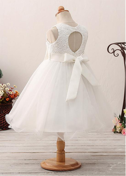  A-line Satin & Lace Jewel Flower Girl Dress With Imitation Pearls