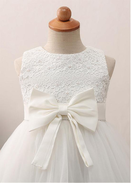  A-line Satin & Lace Jewel Flower Girl Dress With Imitation Pearls