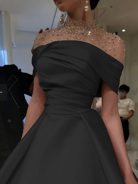 Shop 2024 ANNAKOO Short Sleeve Illusion Neck Satin Beading Black Prom Dress Under 150
