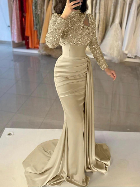 Long Sleeve High Neck Satin Silver Prom Dress