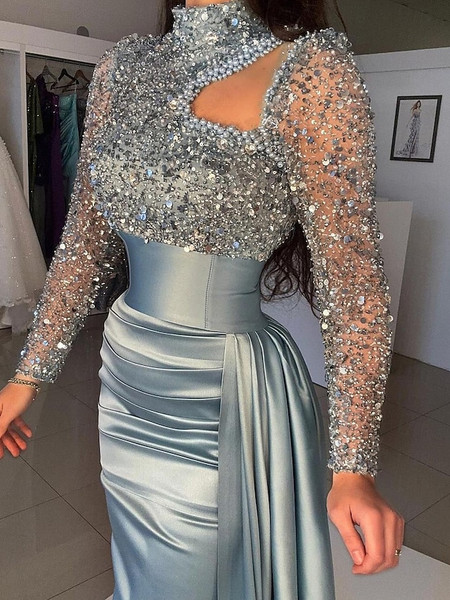 Long Sleeve High Neck Satin Silver Prom Dress