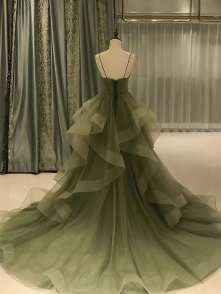 Shop 2024 ANNAKOO Green Ruffles Tulle A Line V Neck Prom Dress Under 157