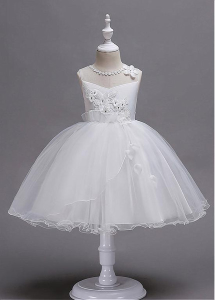 White In Stock 3D Flowers Jewel  Ball Gown Flower Girl Dress 