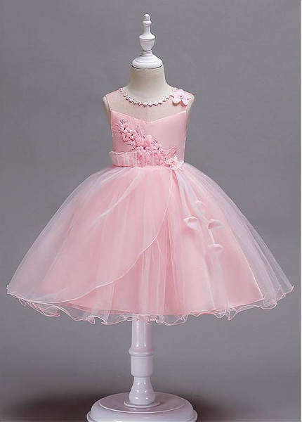 Pink In Stock 3D Flowers Jewel  Ball Gown Flower Girl Dress 