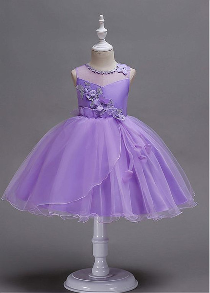 Purple In Stock 3D Flowers Jewel  Ball Gown Flower Girl Dress 