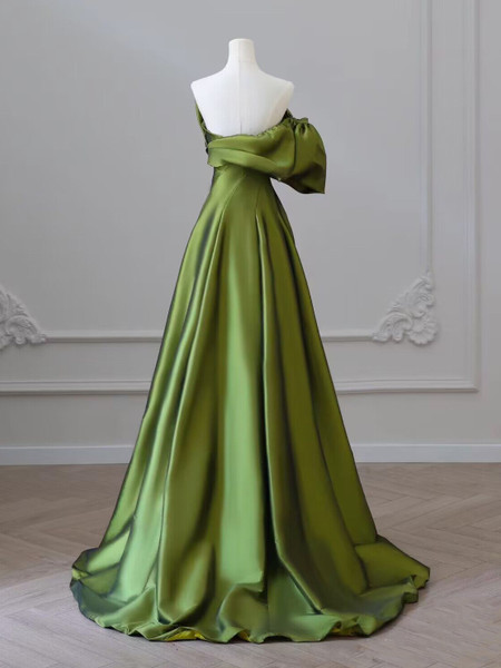 Green Satin A Line Sweetheart Princess Prom Dress