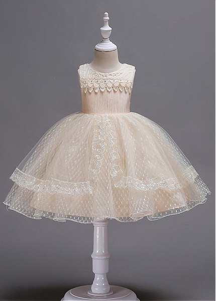 Champagne In Stock Tulle & Lace Jewel Neckline Ball Gown Flower Girl Dress