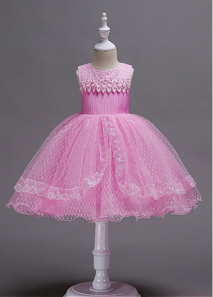 Pink In Stock Tulle & Lace Jewel Neckline Ball Gown Flower Girl Dress