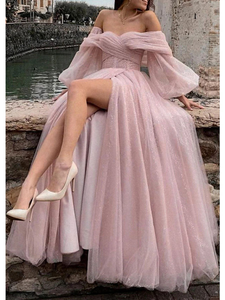 Shop 2024 ANNAKOO Off The Shoulder Pink Sequin Tulle Ruched Prom Dress Under 179