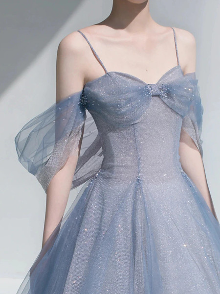 Shop 2024 Annakoo Off The Shoulder Tulle Sparkle Blue Prom Dress Under 139