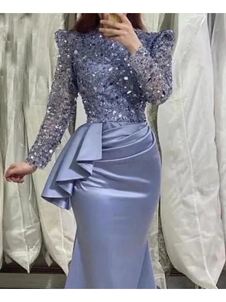 Shop 2024 ANNAKOO Long Sleeve Blue Sequin Satin Trumpet Mermaid Prom Dress Under 169