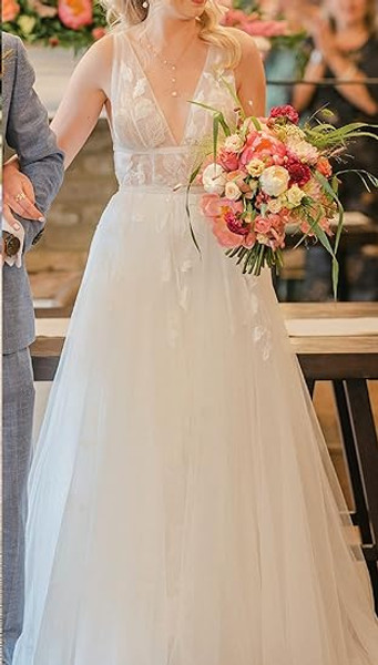 Shop 2024 ANNAKOO V Neck Tulle Floral Appliques Backless Wedding Dress Under 179