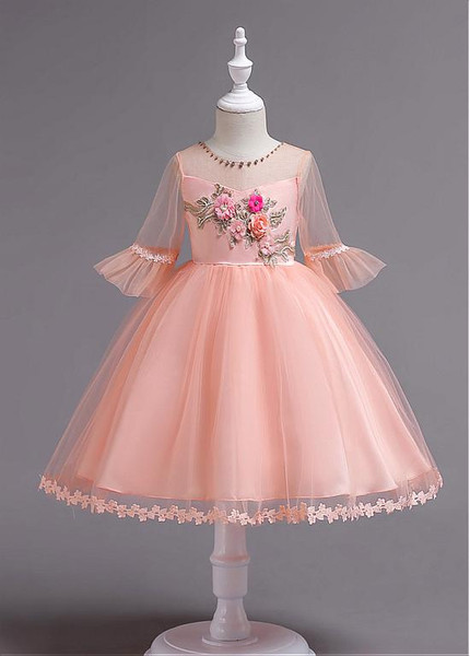 Coral In Stock Handmade Flowers Jewel Neck Ball Gown Flower Girl Dress With