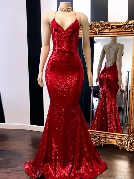Shop 2024 ANNAKOO Burgundy V Neck Sequin Trumpet Meramid Prom Dress Under 145