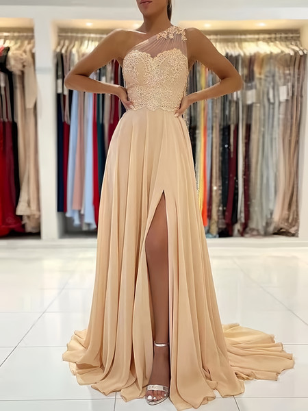 Shop 2024 ANNAKOO Champange Chiffon Appliques One Shoulder Prom Dress With Sit Under 138