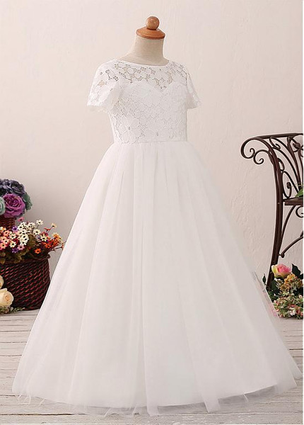 White  Lace Jewel Neckline A-line Flower Girl Dress