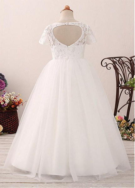 White  Lace Jewel Neckline A-line Flower Girl Dress