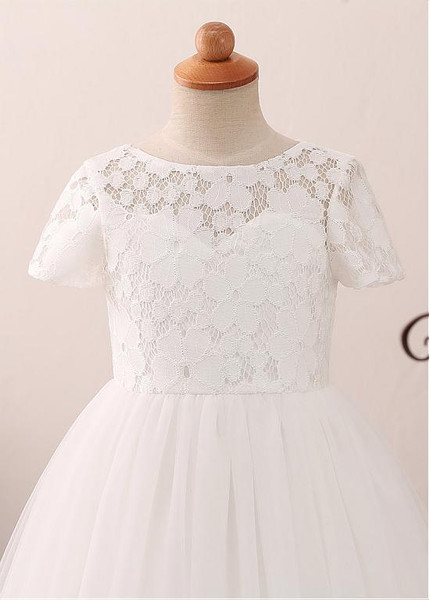 White  Lace Jewel Neckline A-line Flower Girl Dress