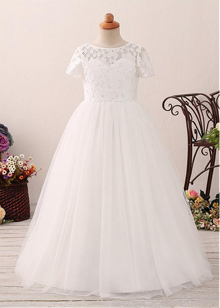 White  Lace Jewel Neckline A-line Flower Girl Dress