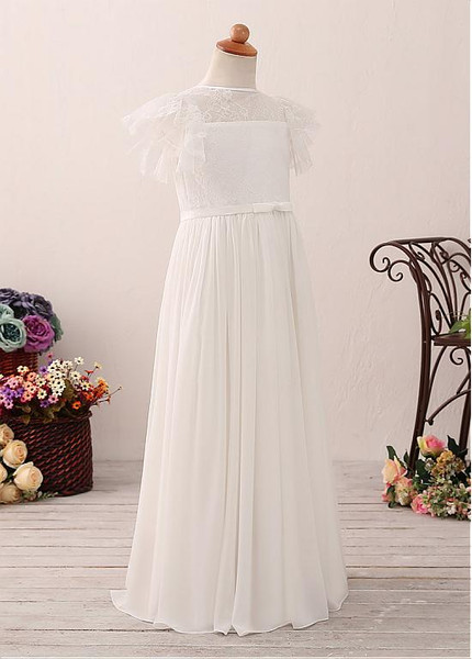 Chiffon Flower Girl Dress With All-over Lace & Belt & Bowknot