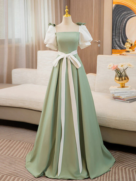 Shop 2024 ANNAKOO Delicate Sage Green Puffy Sleeve Prom Dress with Belt Under 139