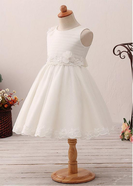Jewel Neckline A-line Flower Girl Dress With Lace Appliques & Handmade Flowers & Belt