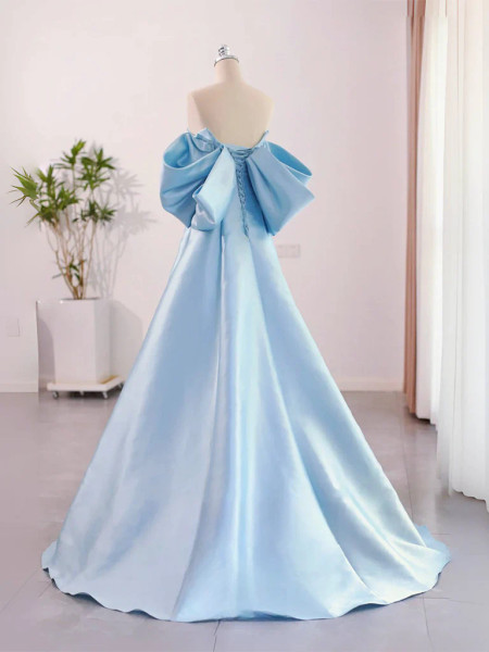 Shop 2024 ANNAKOO Delicate Sky Blue Short Sleeve Satin Prom Dress Under 138