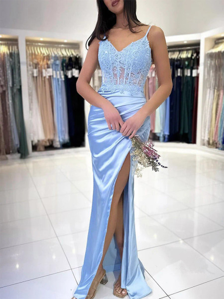 Shop 2024 ANNAKOO Blue V Neck Satin Sheer Mermaid Long Prom Dress Under 139