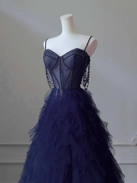 Shop 2024 ANNAKOO A-Line Sweetheart Beading Tulle Dark Blue Ruffles Prom Dress Under 239