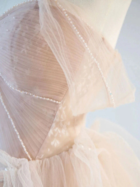 Shop 2024 ANNAKOO A-Line Off Shoulder Tulle Ruffles Pink Beading Prom Dress Under 169