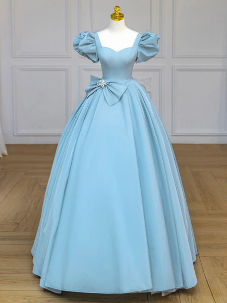 Shop 2024 ANNAKOO Satin Puff Sleeves Sweetheart Light Blue Cinderella  Prom Dress With Bow Under 149