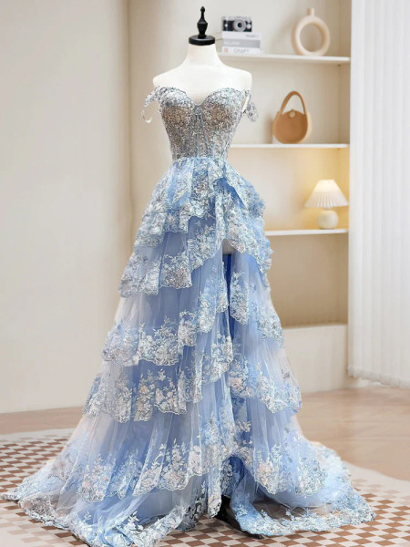 Shop 2024 ANNAKOO A-Line Tulle Sequin Blue Ruffles Prom Dress Under 178