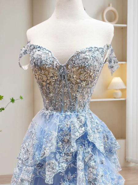 Shop 2024 ANNAKOO A-Line Tulle Sequin Blue Ruffles Prom Dress Under 178