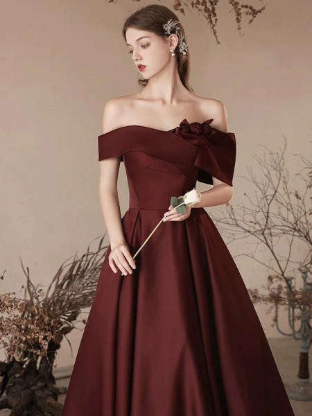 Shop 2024 ANNAKOO Burgundy Off-Shoulder Flowers Satin Prom Dress Under 159
