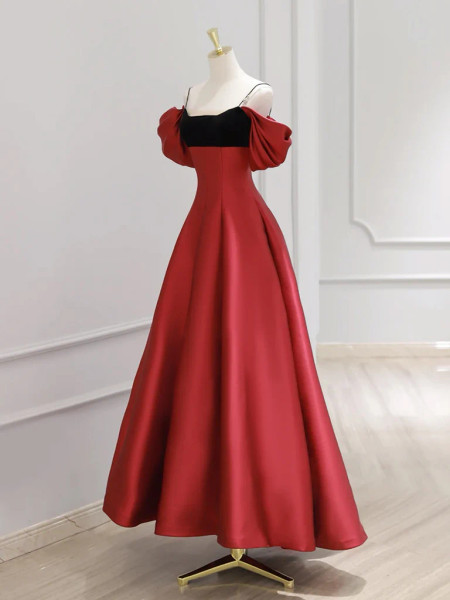 Shop 2024 ANNAKOO Puffy Sleeves Red Satin A Line Prom Dress Under 139