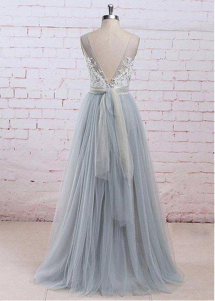 Gray See-through Bodice A-line Appliques Bridesmaid Dress 