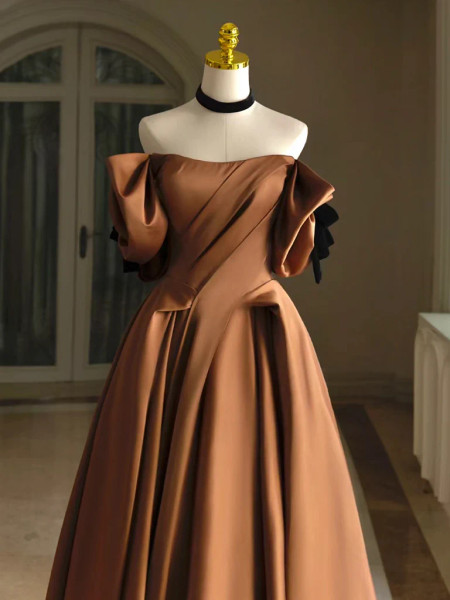 Shop 2024 ANNAKOO Elegant Off-Shoulder Satin Bronze Prom Dress Under 138