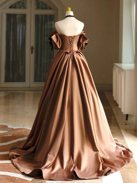 Shop 2024 ANNAKOO Elegant Off-Shoulder Satin Bronze Prom Dress Under 138