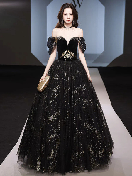 Shop 2024 ANNAKOO Off-Shoulder Black Star Evening Prom Dress Under 159