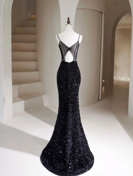 Shop 2024 Annakoo Mermaid Velvet Sequin Black Backless Prom Dress Under 149