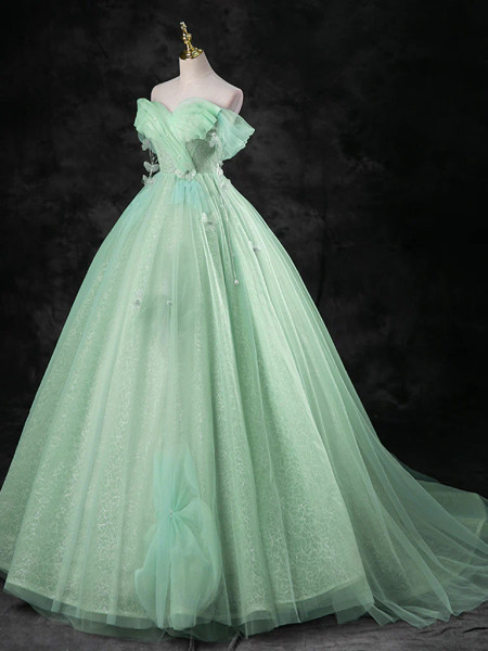 Shop 2024 ANNAKOO Green A-Line Off Shoulder Tulle Flowers Prom Dress Under 179
