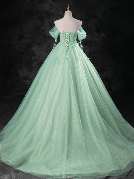 Shop 2024 ANNAKOO Green A-Line Off Shoulder Tulle Flowers Prom Dress Under 179