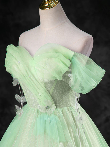 Shop 2024 ANNAKOO Green A-Line Off Shoulder Tulle Flowers Prom Dress Under 179