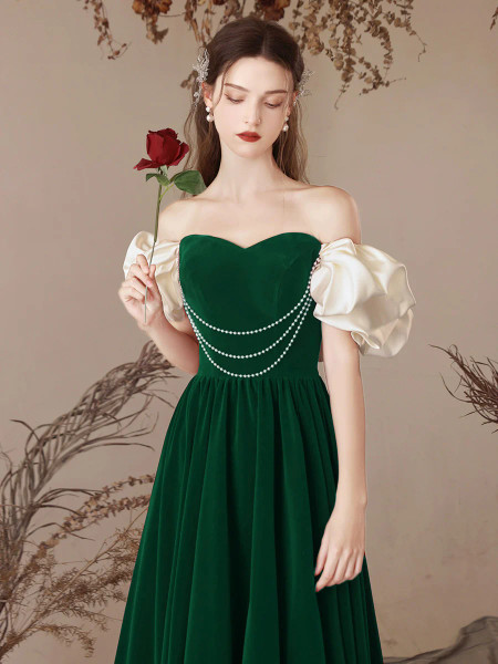 Shop 2024 ANNAKOO A-Line Sweetheart Short Sleeve Velvet Green Prom Dress Under 148