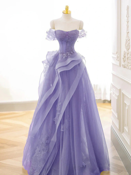 Shop 2024 ANNAKOO A-Line Off Shoulder Tulle Ruffles Purple Prom Dress Under 178