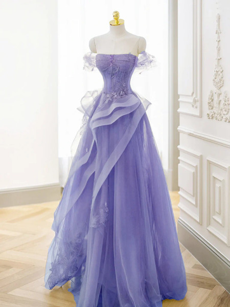 Shop 2024 ANNAKOO A-Line Off Shoulder Tulle Ruffles Purple Prom Dress Under 178