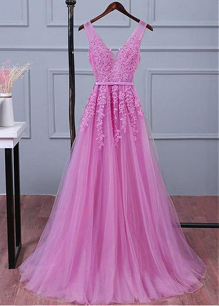 Pink V-cut Back A-line Bridesmaid Dress With Beaded Lace 